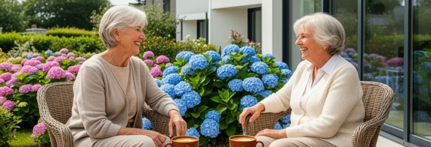 Deux femmes âgées souriantes discutant sur une terrasse ensoleillée avec vue sur jardin fleuri